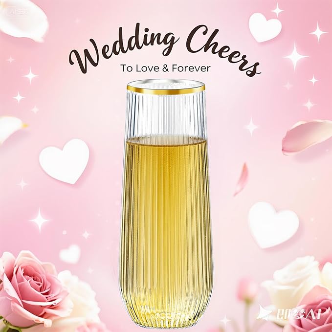 48 Pack Plastic Ribbed Champagne Flutes, 9 Oz Stemless Disposable Gold Rim Clear Plastic Toasting Glasses Shatterproof Recyclable and BPA-Free Perfect For Wedding