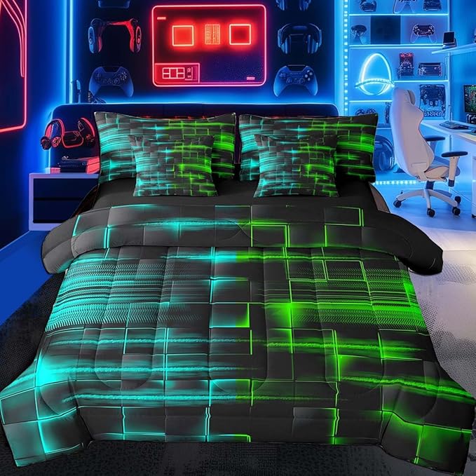 Feelyou Green and Blue Comforter Set with Sheets 7 Piece Twin Size Kids Geometric Bed in a Bag Strip Lines Bedding Set Abstract Art Bed Set with Comforter, Sheets,Pillowcases,Cushion Covers