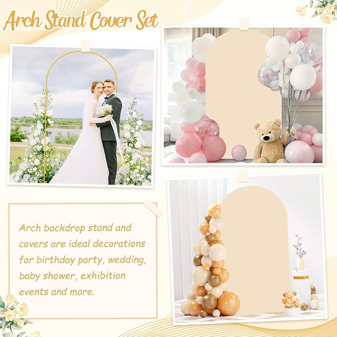 7.2 FT Wedding Arch Stand and Beige Arch Cover Spandex Arch Backdrop Cover for Arched Stands Frame Metal Arched Stand with Backdrop Covers Stretchy for Wedding Party Reception Decorations