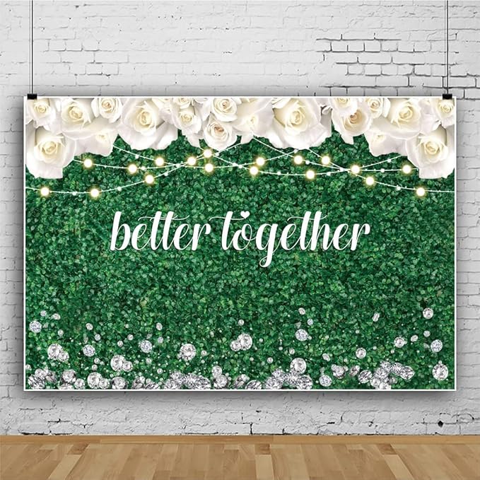 Leyiyi 9x6ft Better Together Photo Backdrop Green Leaves Wall White Floral Light Glitters Diamond Bridal Shower Wedding Party Banner Supplies Background Decor Photoshoot Studio Props Wallpaper