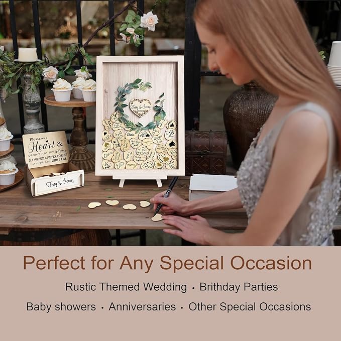 Y&K Homish Wedding Guest Book Alternative, Rustic Wedding Decorations for Reception, Favors for Guests 80 Hearts Green Wreath (Antique White)