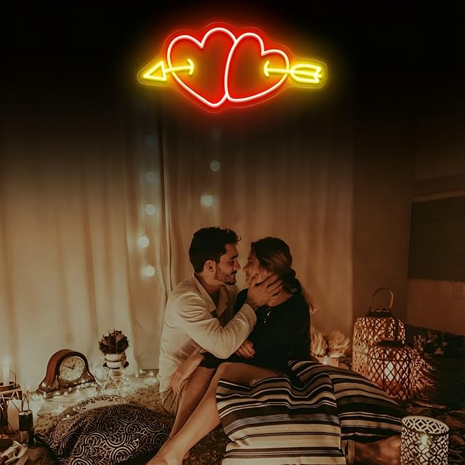 Double Heart Cupid Arrow Neon Sign for Wall Decor, Romantic LED Neon Light for Engagement Party, Wedding & Anniversary Decorations, Symbolic Neon Wall Art for Valentine’s Day Celebration 16.5"x7.9"