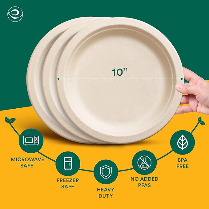 ECO SOUL 10 Inch Compostable Disposable Paper Plates [500 Pack] Food Safe 100% Virgin Bagasse Pulp Heavy Duty Biodegradable Microwave Safe Large Round Dinner Plate for Party, Picnic & BBQ (Brown)