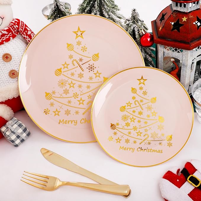 LIYH 150 Pcs Christmas Dinnerware Set Disposable - Pink and Gold Plastic Christmas Plates - Gold Tree Design, Plastic Silverware,Cups for 25 Guests for Xmas Day