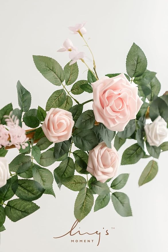 Ling's moment 5FT Blush Artificial Flower Garland Fake Pink Rose Leaves Floral Garland Arch Flowers Vine for Wedding Party Backdrop Decor Mantel Home Table Centerpieces Wall Decorations