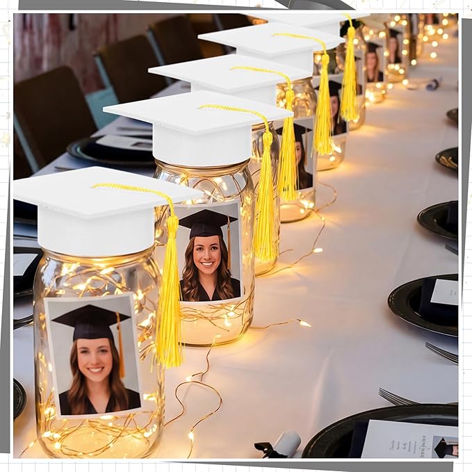 Boao 16 Sets Graduation Table Decoration Set with LED Light up Graduation Decorations for Class of 2026, Grad Jar, Felt Grad Hat and Stickers for High School College(White)