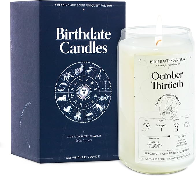 Birthdate Candles, October 30 - Scorpio Zodiac Scented Candles Birthday Gift - Bergamot, Cinnamon & Mahogany Scent - All-Natural Soy & Coconut Wax, 60-80 Hour Burn Time - Made in USA