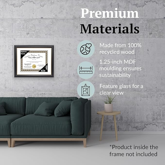 Creative Picture Frames 8" x 10" Rockefeller Black with Gold Rim Diploma Frame, Displays 8" x 10" Certificate or 10" x 12" Document without Mat, College Degree Frame, Full-Strength Glass, White Mat