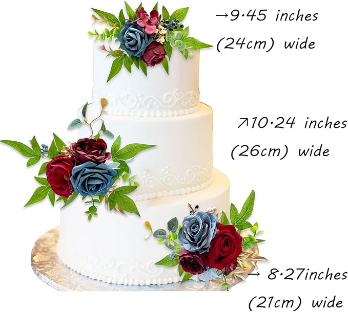 CherishedMoments 3Pcs Cake Topper Set, Wedding Artificial Flowers Decor Burgundy and Navy Blue Cake Topper Decorations for Wedding Ceremony Anniversary, Wedding Home Decor