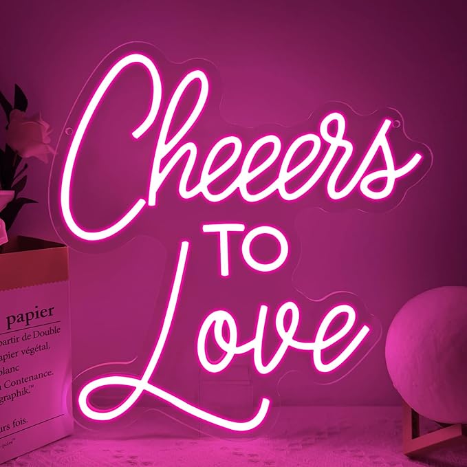 Cheers to Love Neon Sign, Wedding Led Neon Light Signs for Bachelorette Bridal Engagement Party Decoration Wall Decor Valentine's Day Night Light Bridal Shower Dimmable USB Powered(13.8"*13")