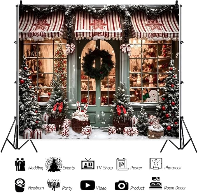 Leowefowa 12x10ft Christmas Photo Backdrop Candy Shop Winter Snowing Background Winter Vintage Window Merry Xmas Tree Baby Festival Family Decor Party Banner Photo Supplies Prop