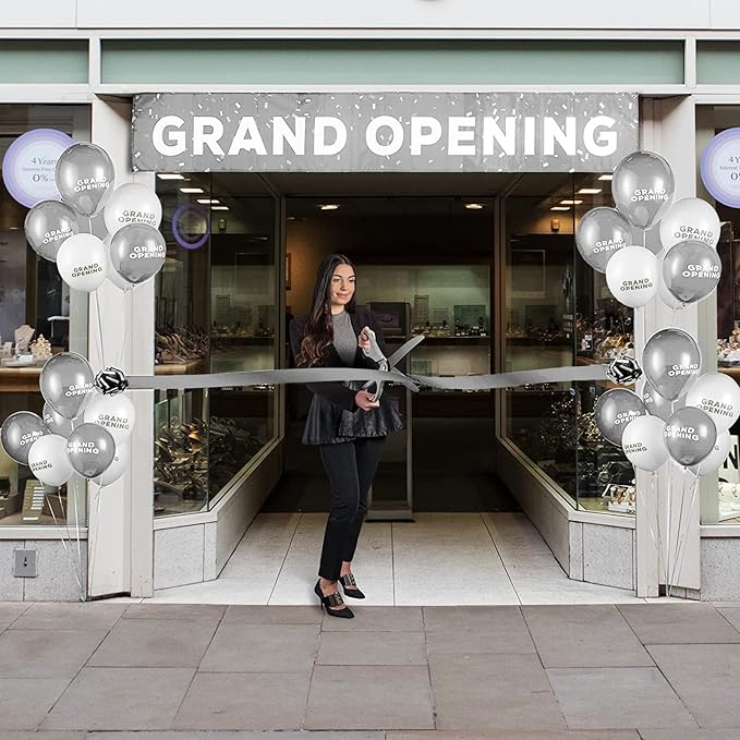 Deluxe Silver Grand Opening Ribbon Cutting Ceremony Kit - 25" Giant Scissors with Silver Satin Ribbon, Banner, Bows, Balloons & More