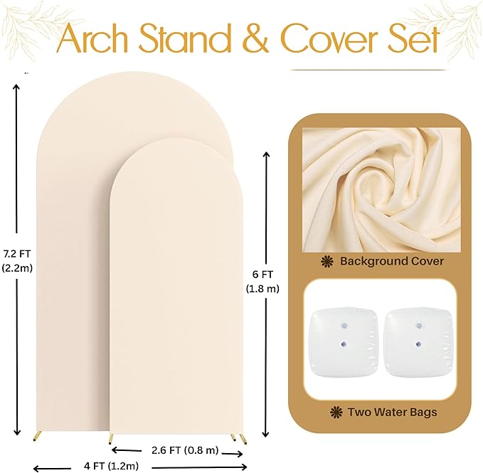 2PK (7.2 & 6 FT Wedding Arch Backdrop Stand and Cover Set | Metal Backdrop Arch, Balloon Stand, Water Bags | Party, Bridal Show, Birthday, Baby Shower Decorations (White Cover, 2 Pack)