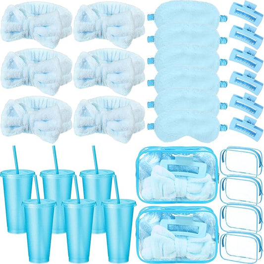 30 Pcs Spa Party Favors for Women Sleepover Party Supplies 6 Bow Headband 6 Eye Mask 6 Hair Clip 6 Cosmetic Bag 6 Glitter Plastic Cup for Adult Spa Birthday Bachelorette Gift(Blue)