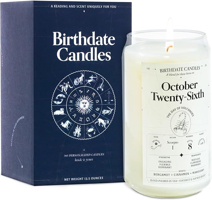 Birthdate Candles, October 26 - Scorpio Zodiac Scented Candles Birthday Gift - Bergamot, Cinnamon & Mahogany Scent - All-Natural Soy & Coconut Wax, 60-80 Hour Burn Time - Made in USA
