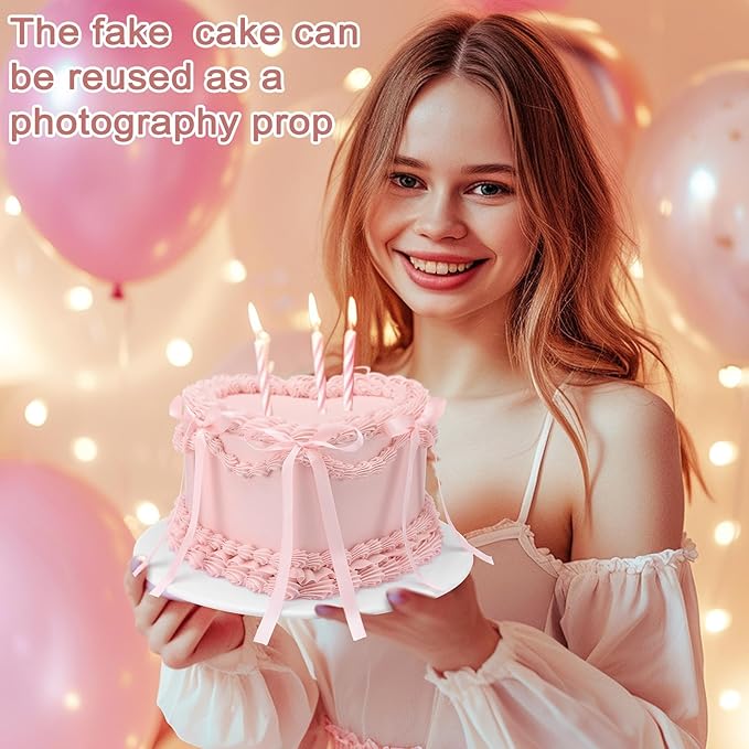 Remerry 6 Inch Pink Bow Fake Cake Coquettish Birthday Fake Cake Decor Pink Bow Heart Wedding Dessert Props Artificial Heart Dessert for Display Photography Props Women Birthday Wedding Gift