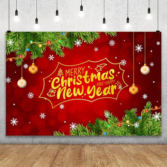 YongFoto Merry Christmas Backdrop 10x8ft Snowflakes Christmas Tree Red Green Photography Background Happy New Year Xmas Eve Family Party Banner Room Decorations Photoshoot Wallpaper Photo Booth