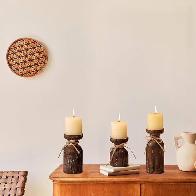 Farmhouse Wooden Candle Holders for Pillar Candles, Brown Distressed Set of 3 Rustic Wood Pillar Wood Candle Stands with Hemp Rope Bow Table Centerpiece Decor for Fireplace, Living, and Dining Room
