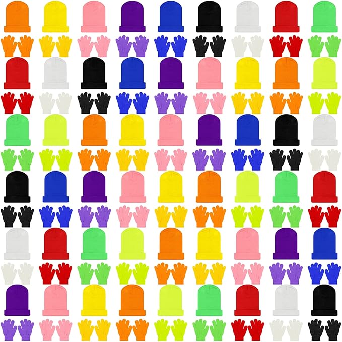 Xtinmee 100 Pcs Kids Winter Beanie and Gloves Bulk Warm Knit Hat Stretchy Full Fingers Gloves Pack Unisex Cold Weather Set