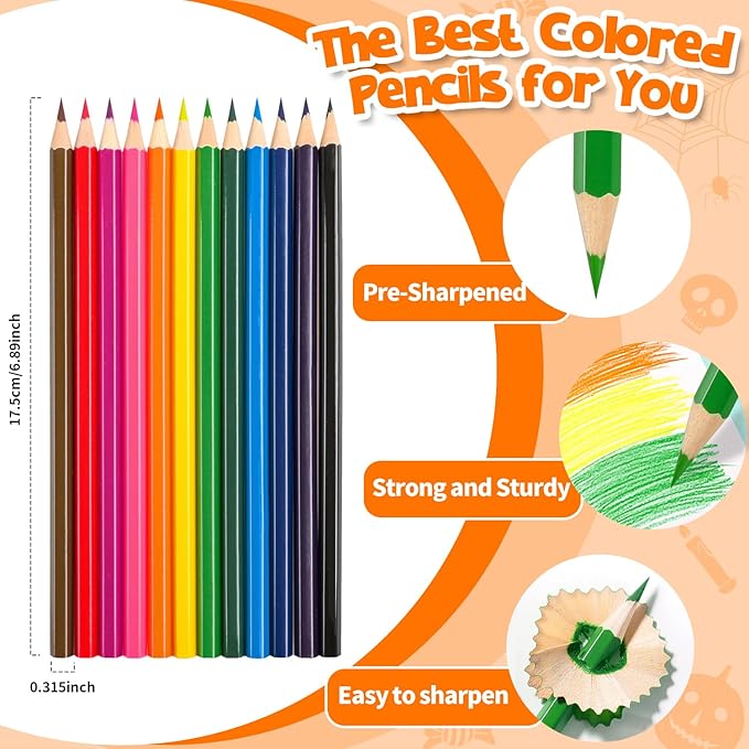 MOVINPE 288 Count Halloween Colored Pencils Bulk for Kids, 24-Box Pre‑Sharpened Colored Pencils 12 Vivid Colors Trick or Treating Party Favor Supplies Halloween Goody Bags, Classroom Gift Prize