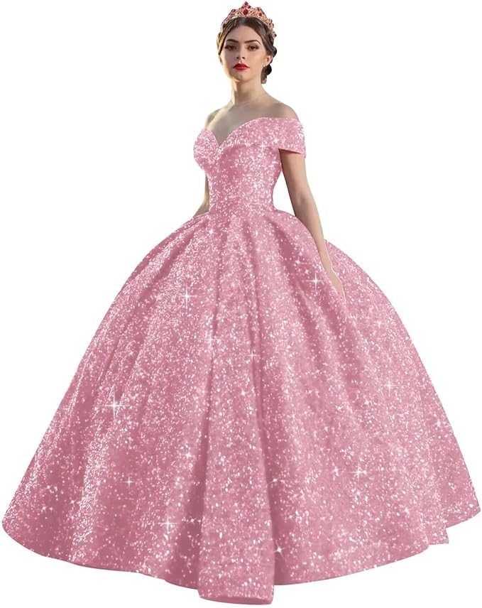 Quinceanera Dress Long Ball Gown Sparkly Sequin Off Shoulder V Neck Prom Dresses