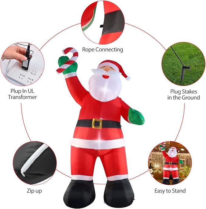 10ft Inflatable Christmas Decorations, Christmas Santa Claus with Candy with LED Light Blow Up for Christmas Party Indoor, Outdoor, Yard, Garden, Lawn