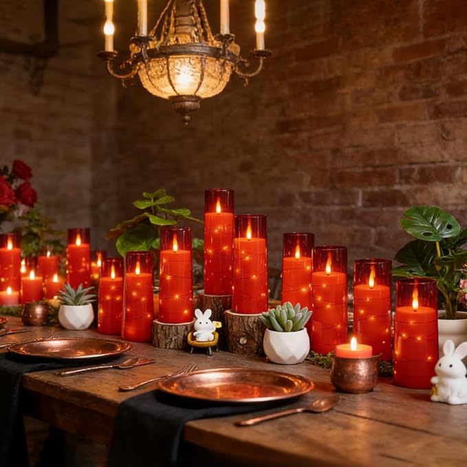 Flickering Flameless LED Candles,Battery Operated Candles 24 Pcs with Embedded Star String,Acrylic LED Pillar Candles with Remote,Suitable for Home Decoration to Create an Atmosphere (Red)