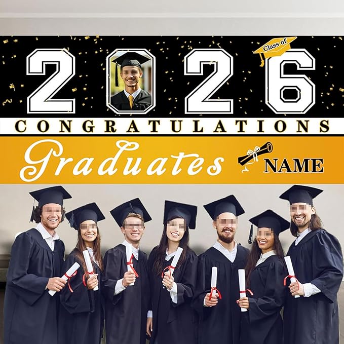 Custom Photo Graduation Garage Door Banner Personalized 2026 Grad Banner 7x16ft Porch Door Sign Decoration Outdoor Photo Booth Backdrop Party Supplies(Yellow)