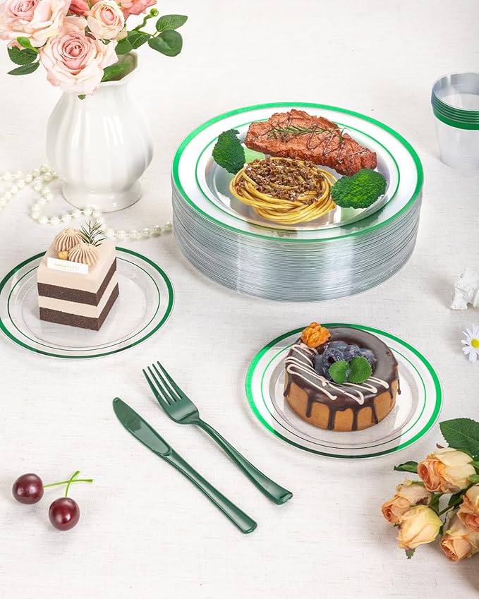 Goodluck 175 Piece Green Plastic Plates, Clear Plastic Silverware Disposable Plates Set, Include 50Plates, 25Pack Pre Rolled Napkins with Silverware, 25Cups for Party, Christmas, Graduation, Wedding