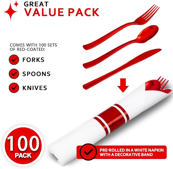 400PCS Pre Rolled Red Plastic Silverware Sets - Heavy Duty Red Cutlery - Include 100 Pack Wrapped Disposable Utensils with Napkins for Valentine's Day Parties & Dinners & Weddings