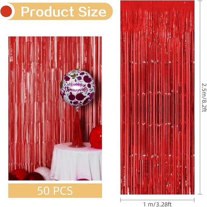 Red Foil Fringe Curtains 50 Pack 3.2ft x 8.2ft Fringe Backdrop Curtains Metallic Tinsel Streamer Photo Backdrop for Birthday Party Decorations Halloween Christmas Party Supply (Red)
