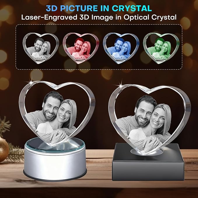3D Crystal Photo,Valentine's Day Personalized Couple Gifts,for Women,Wife,Mom & Couples,Custom 3D Etched Photo Inside Heart Shape Sentimental Memorial Gift