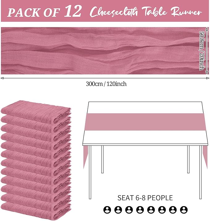12 Pack Cheesecloth Table Runner 20 x 120 inch Cheese Cloth Table Runner Bulk,Romantic Boho Sheer Gauze Fabric Table Runners for Wedding Reception,Party,Bridal Shower Table Decor(Dusty Rose)