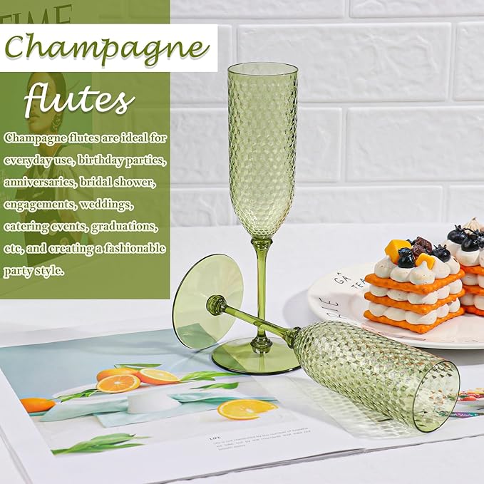 24 Pack Green Detachable 2 piece Champagne Flutes 5.5 Oz Unbreakable Plastic Mimosa Disposable Champagne Glasses Drinking Cups Stemmed Reusable Wine Toasting Glasses for Wedding (24, Olive Green)