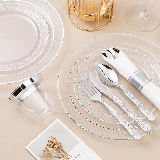 350PCS Clear Plastic Plates with Silver Trim for 50 Guests, Disposable Dinnerware Set for Party & Wedding, Includes 100 Plastic Plates, 50 Pre Rolled Napkins with Silver Silverware, 50 Cups