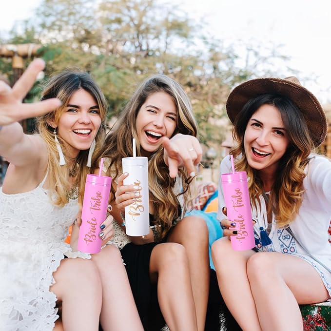 6 Pack Bride to Be Skinny Tumbler | 16 oz Bride Tribe Tumblers | Bachelorette Party Cups | Engagement Wedding Gifts Bridesmaids Mugs & Supplies (Pink)