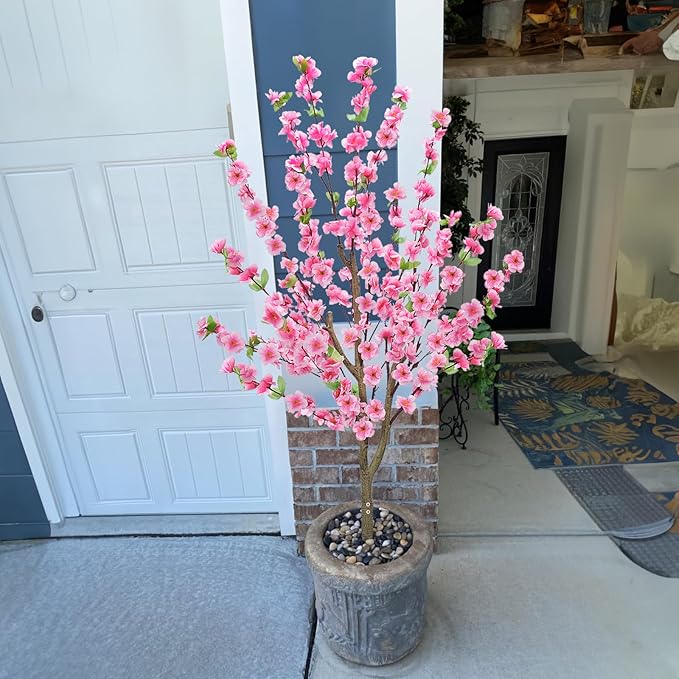 HUAESIN 4.4Ft 2 Pack Tall Cherry Blossom Artificial Tree, Fake Tree Faux Silk Plant with Plastic Nursery Pot, Artificial Plants for Home Office Indoor Decor