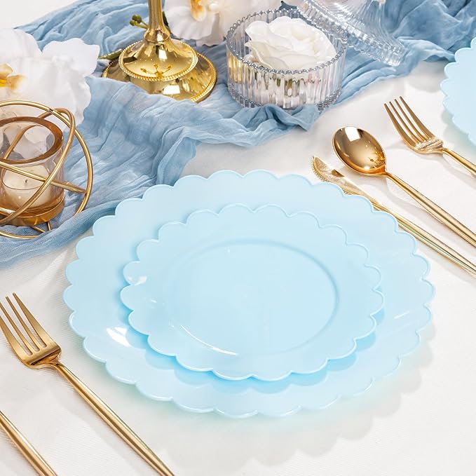 supernal 100pcs Blue Scalloped Plastic Plates-Blue Disposable Plates Heavy Duty-Disposable Plate Set for Party Wedding-Include 50 Plastic Dinner & Dessert Plate Perfect for 50 Guests