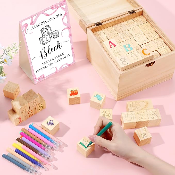 Marsui 136 Pcs Baby Shower Blocks to Decorate Game Kit Includes 98 Wooden Blocks, 36 Markers, 1 Game Sign, 1 Storage Box for Baby Shower Gender Reveal Activity Party Decorations(Pink Bow)
