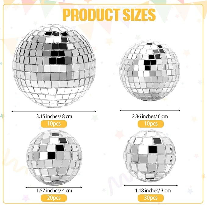 Geetery 70 Pcs Disco Ball Cake Topper Various Sizes Reflective Mirror Silver Mini Small Disco Ball Cake Decorations for Centerpiece 70s 80s Birthday Party Wedding Decor
