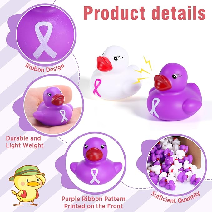 200 Pcs Purple and White Rubber Ducks Cervical Health Alzheimers Awareness Product Domestic Violence Awareness Ribbon Duck Float Mini Bath Toy Bulk Pancreatic Cancer for Charity Event Supplies