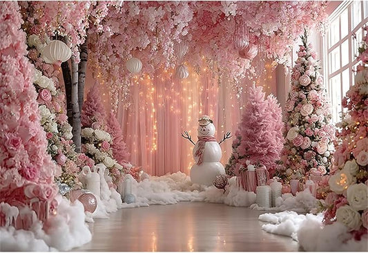 Baocicco 10x7ft Pink Merry Christmas Photography Background Xmas Snowman Flowers Curtain New Year Eve Photo Backdrop for Winter Holiday Party Banner Girls Princess Birthday Baby Shower Backdrops