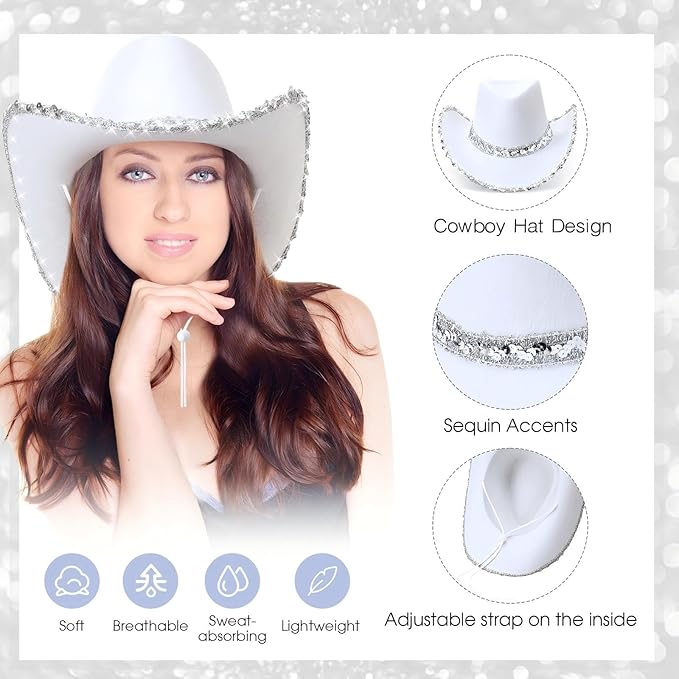 Hercicy 6 Pack Western Cowboy Hats with Rhinestone Tassel Bands Sequin Trim Sparkly Cowgirl Party Hats for Adults Women Men