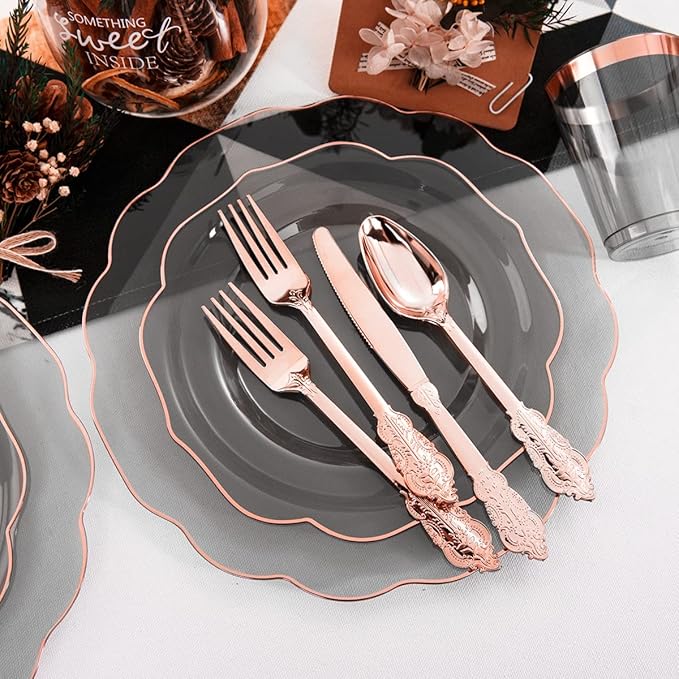 BUCLA 30Guests Clear Black Plastic Plates With Rose Gold Silverware & Cups - Rose Gold Rim Plastic Dinnerware Ideal for Party & Valentines