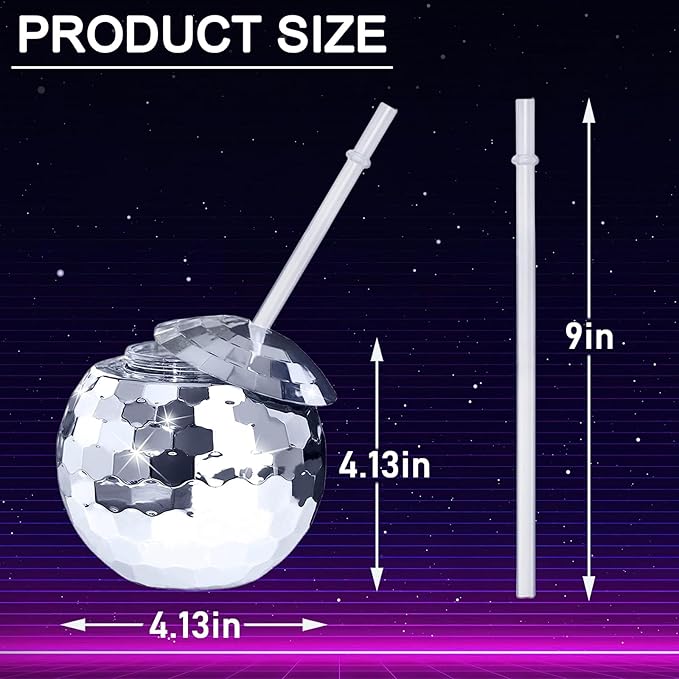 Disco Ball Cups, 20OZ Disco Party Cups with Lid and Reusable Straw Flash Ball Cocktail Cup for Party Nightclub Bar Supplies Wine Drinking Syrup Tea Bottle (25, Silver)