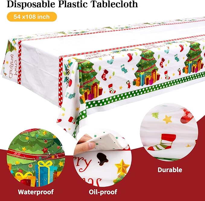 GATHER 176Pcs Christmas Plastic Plates - Heavy Duty Christmas Dinnerware Set Includes 50 Plates, 75 Red Plastic Silverware, 25 Cups, 25 Napkins and 1 Tablecloth for Xmas Party