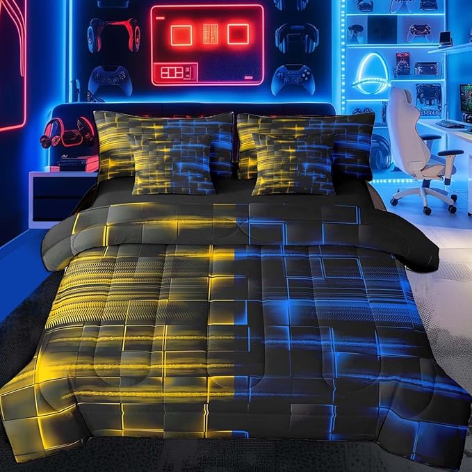 Feelyou Blue and Yellow Comforter Set with Sheets 7 Piece Queen Size Kids Geometric Bed in a Bag Strip Lines Bedding Set Abstract Art Bed Set with Comforter, Sheets,Cushion Covers