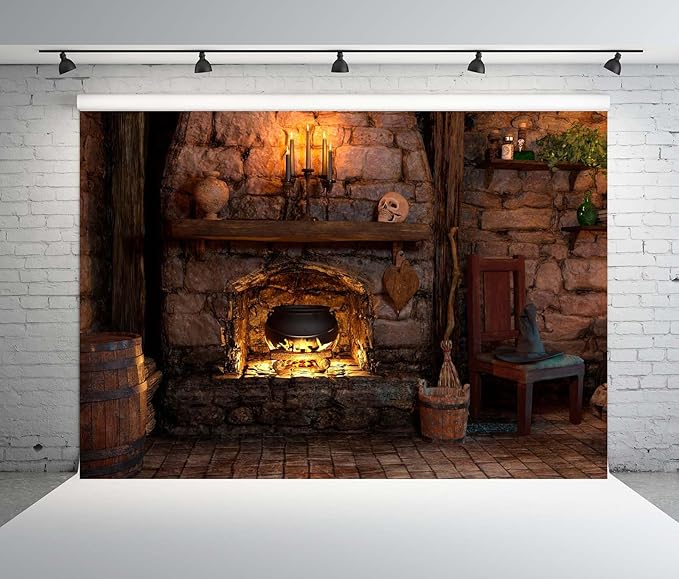 BELECO 20x10ft Fabric Spooky Witch Cottage Backdrop Halloween Witch Cabin Kitchen Fireplace Cauldron Candles Skull Sorcerer Photography Background Witch Party Decorations Photoshoot Studio Props