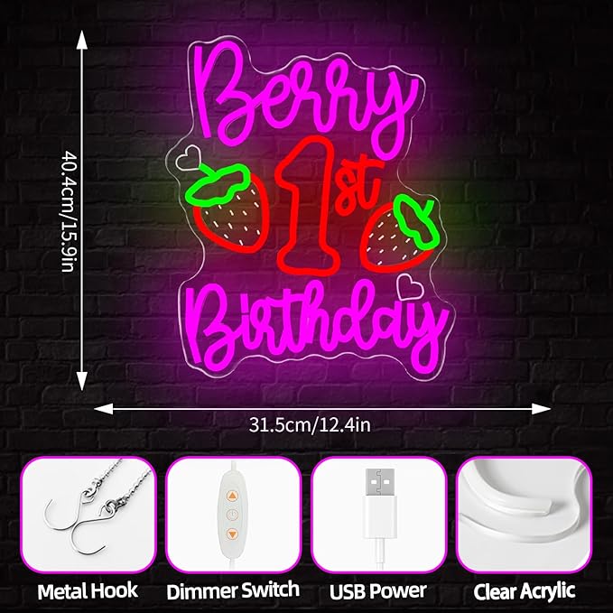 Berry First Birthday Neon Sign Strawberry 1st Birthday Neon Lights Dimmable Strawberry Theme Led Sign Backdrop Berry Sweet One Birth Party Decorations