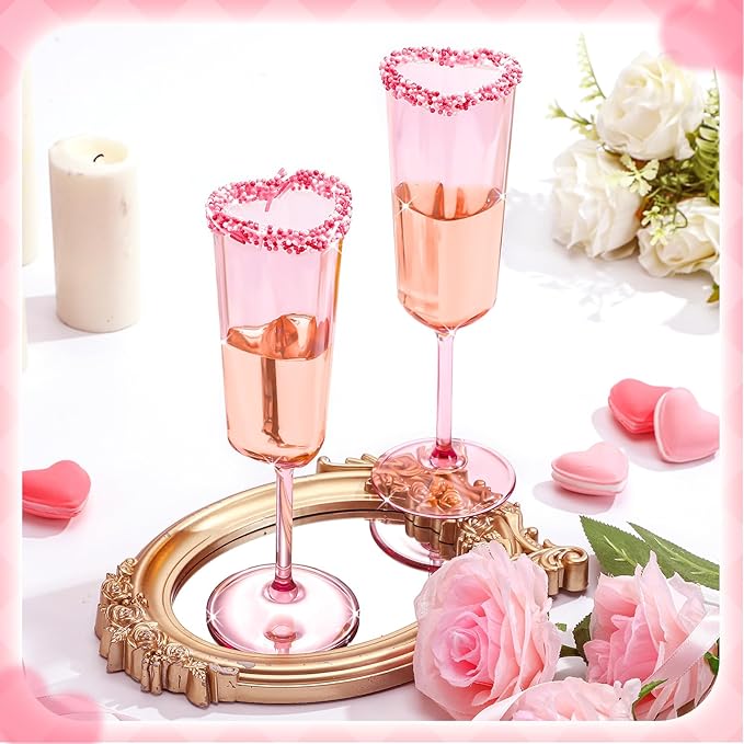 10 Pcs Galentines Day Party Supply Pink Champagne Flutes 6 oz Valentines Day Heart Shaped Champagne Flutes Acrylic Wine Cups for Valentines Galentines Bachelorette Wedding Bridal Shower